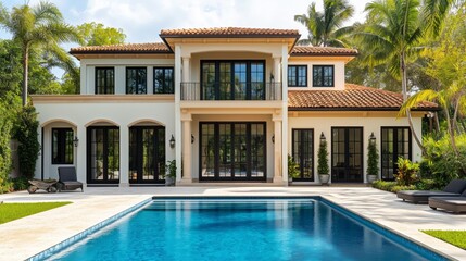 Fototapeta premium A beautiful two-story, luxurious home in the Miami area with an outdoor pool and large windows