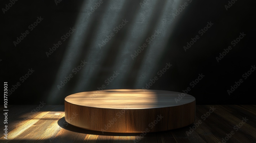 Poster 3d rendering of an empty wooden pedestal or podium mockup with sunlight rays in the background ideal