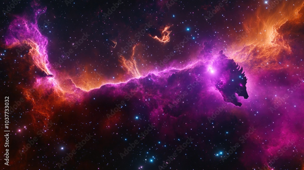Poster 3d rendering of a vibrant red violet nebula featuring the horsehead nebula in an outer space scene w