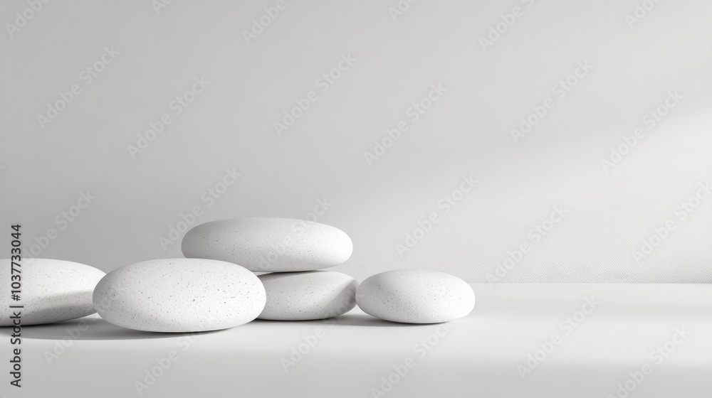 Poster composition of white stones on a minimal background for product display 3d rendering