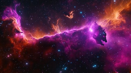 Fototapeta premium 3D rendering of a vibrant red violet nebula featuring the horsehead nebula in an outer space scene with unusual colorful nebulae from a distant galaxy