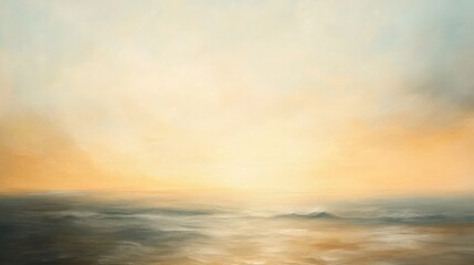 Obraz premium Oil painting capturing a soft focus image of a sunset over the ocean emphasizing the tranquil palette and dreamy atmosphere