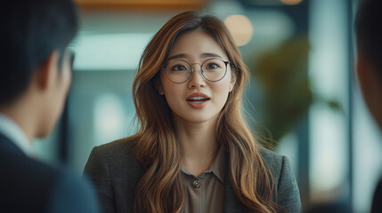 Fototapeta premium An Asian woman in her late thirties, wearing glasses and business attire with long hair, speaking excitedly to two male team members while making gestures. 