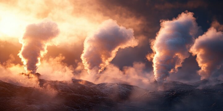 Active fumaroles emitting steam and sulfur at a geothermal power facility in a volcanic landscape, Steam and sulfur emissions from fumaroles at a geothermal power plant in a volcanic scene