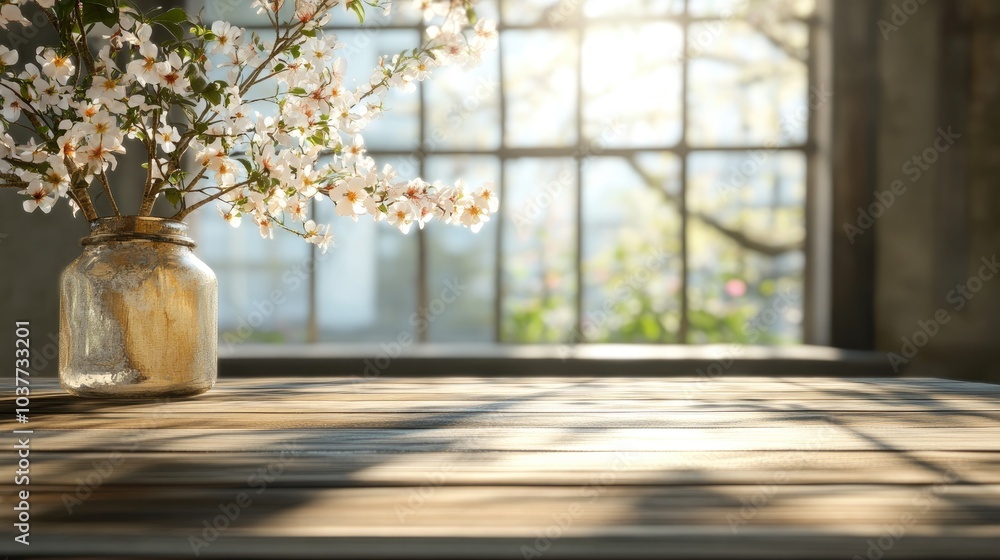 Poster 3d rendering of a table background with free space and a blurred window reflecting a spring atmosphe
