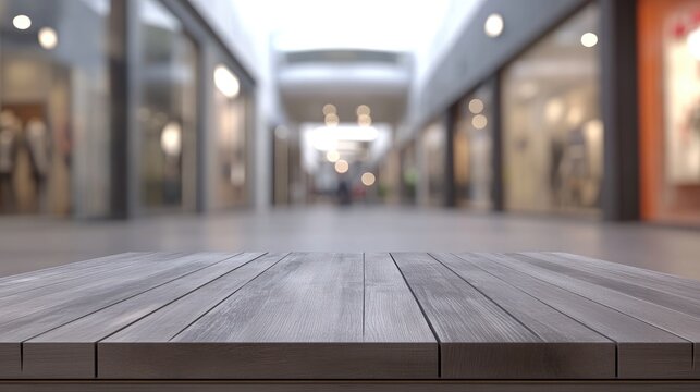 3D rendering of an empty wooden table space platform with a blurred shopping mall background