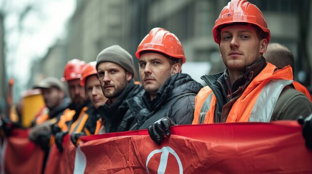 A group of workers holding a banner for their trade union, showing solidarity and unity