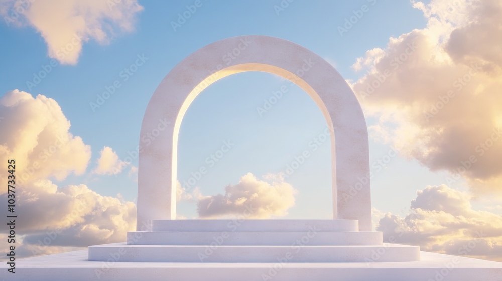 Poster empty podium and stair stand with an arch for product presentation minimalistic studio featuring a b