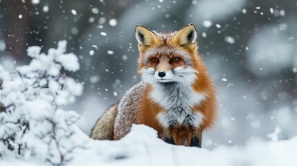 Fototapeta premium Red fox gazing in a snowy winter landscape