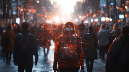 A crowd of people walking down the street, with digital data and connections overlaying their faces