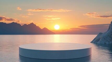 3D rendered platform and natural podium background over the ocean with mountains at sunset designed for showcasing cosmetic beauty products or skincare with an empty circular stage