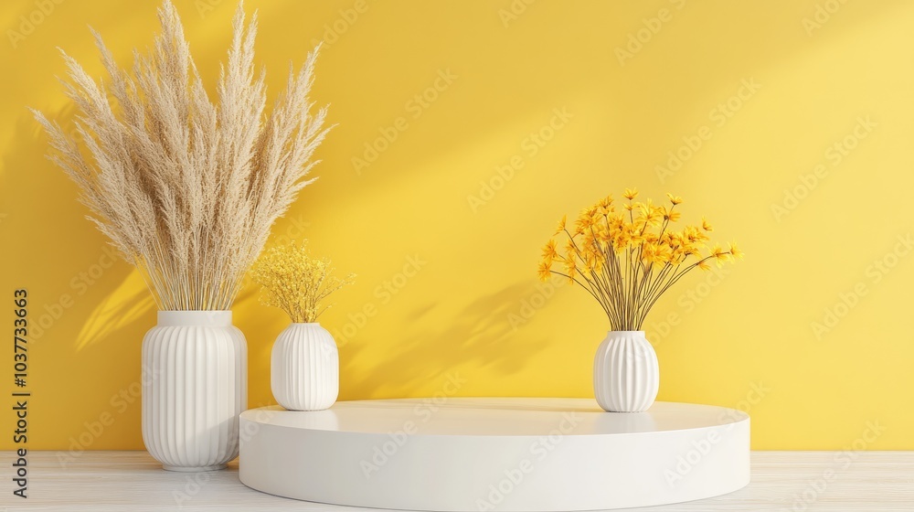Poster abstract minimalist yellow podium for product display and showcase with decorative elements in 3d re