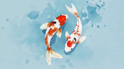 Naklejka premium Pair of koi fish in a watercolor illustration on a blue background