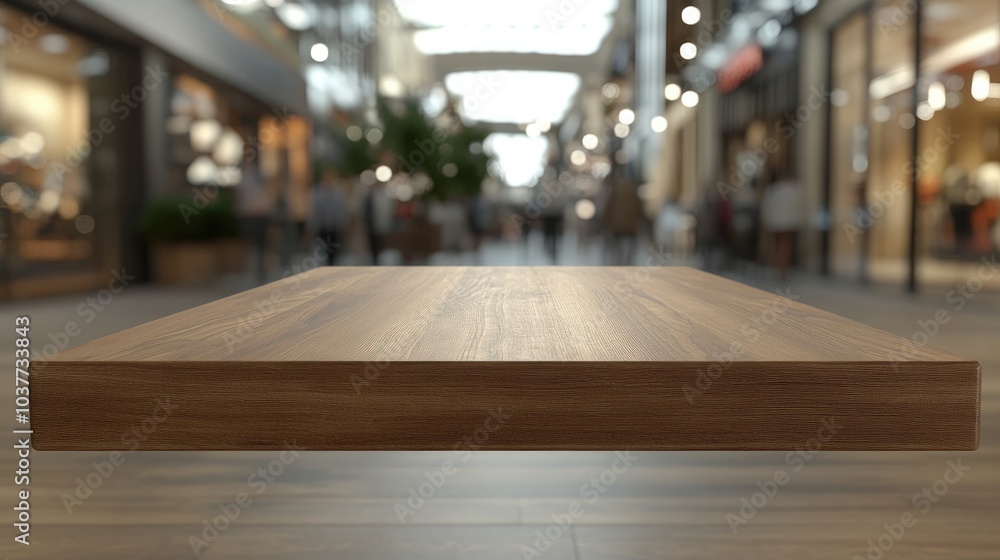 Poster 3d rendering of an empty wooden table space platform with a blurred shopping mall background