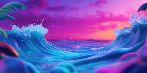 Tropical sunset summer design template featuring a stunning ocean scene with waves, drops, and splashes, perfect for capturing the essence of surf culture