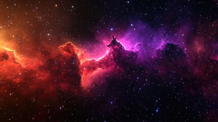 Fototapeta premium 3D rendering of a vibrant red violet nebula amidst the cosmos featuring the horsehead nebula and an extraordinary colorful nebula in a remote galaxy