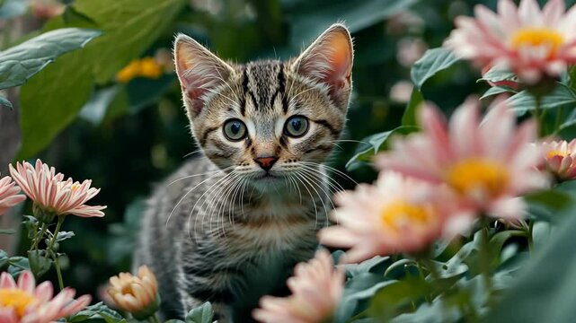 A tabby kitten looks directly at the camera, surrounded by pink flowers in a garden