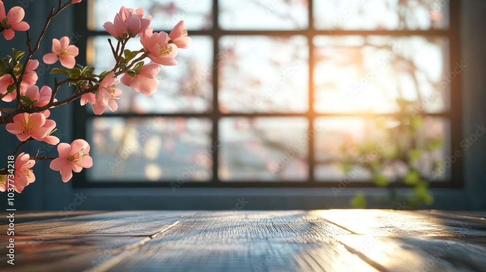 Poster 3d rendering of a table background with free space and a blurred window reflecting a spring atmosphe
