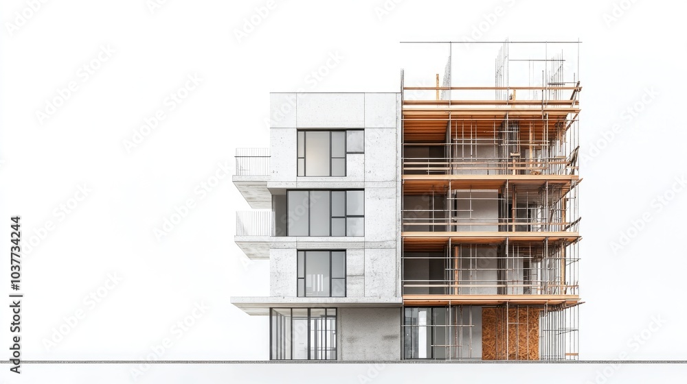 Poster partially constructed building alongside a completed facade against a white backdrop 3d rendering