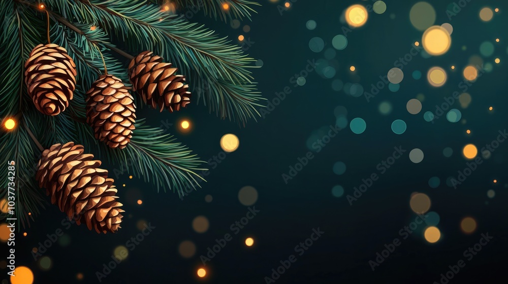 Poster christmas pine branch with cones on a dark green backdrop accompanied by warm bokeh lights creating 