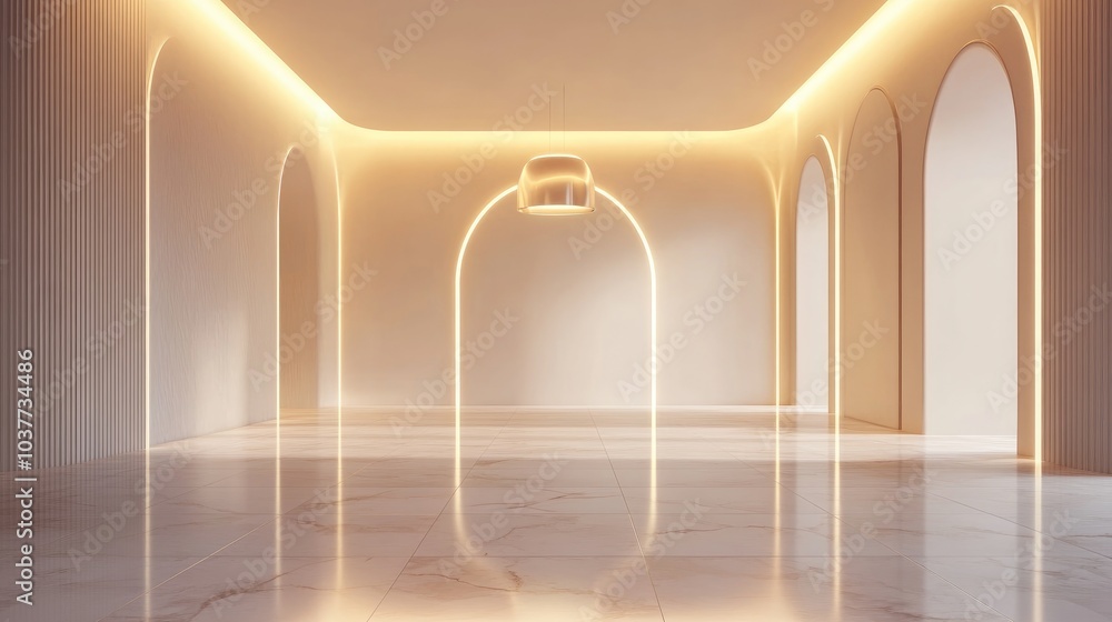 Poster 3D rendering of an empty interior space featuring a ceiling lamp neatly designed walls and a marble tiled floor with light reflecting and illuminating an arched entrance