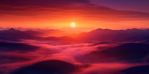 Naklejka premium A temperature inversion in a valley viewed from a ridge at sunrise, showcasing the beauty of rolling hills and misty landscapes, Misty valley sunrise over rolling hills