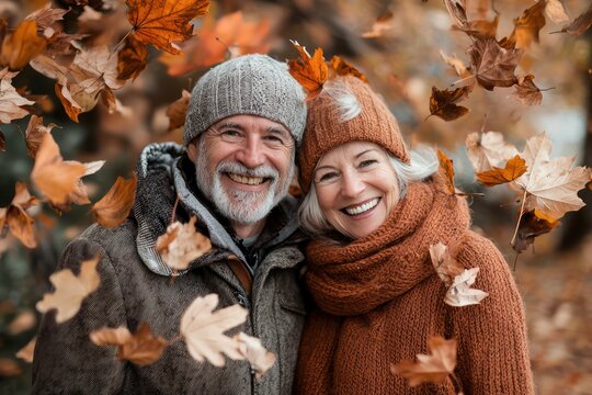Happy Senior Couple Enjoying Autumn, Smiling Together Under a Canopy of Falling Leaves