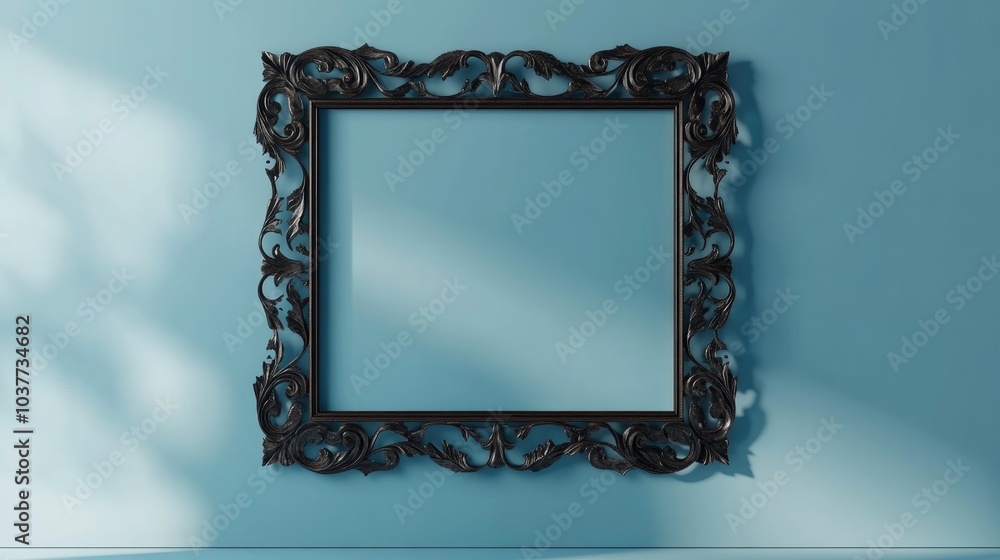 Poster 3d rendering of a vintage openwork bronze metal frame displayed against a blue wall background featu