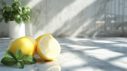 3D rendering of lemons and mint on a marble surface with a kitchen backdrop