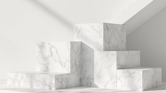 Abstract white background featuring geometric shapes 3D marble cubes designed for display purposes including stands and presentations The rendering includes an upward staircase alongside a white p
