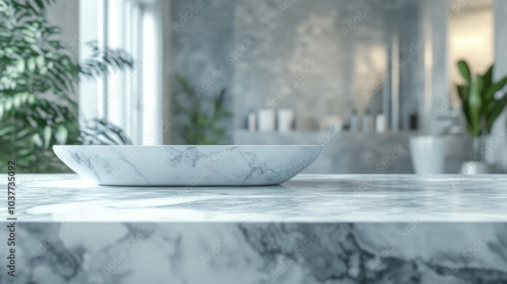 Poster 3d rendering of an empty marble top table with a blurred bathroom interior background for product di