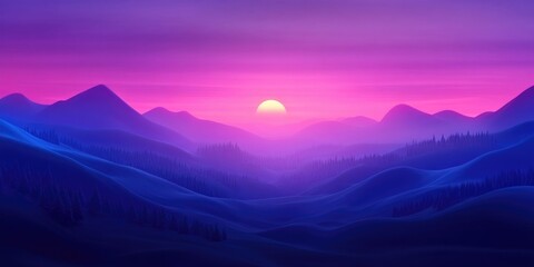 Obraz premium Sunrise over a sloping landscape in the mountains, Mountain landscape with sunrise and rolling hills