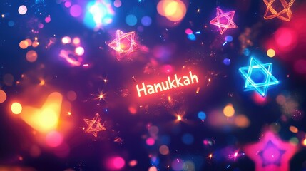Obraz premium Colorful festive celebration of hanukkah with glowing stars and vibrant lights, festive jewish holiday theme