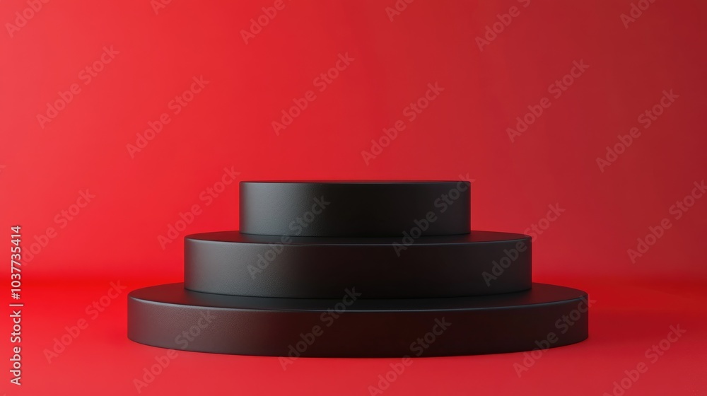 Poster pastel black cylindrical podium with steps set against a red background 3d rendering of an abstract 