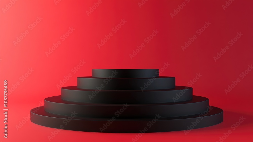 Aufkleber pastel black cylindrical podium with steps against a red background 3d rendering of an abstract geom