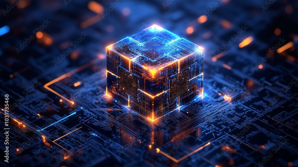 Poster abstract futuristic technology background with glowing puzzle pieces forming an illuminated cube on 