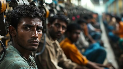 Obraz premium A group of workers in a factory, their expressions showing fear and exhaustion, reflecting forced labor conditions