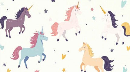 Vector illustration of a large unicorn collection Cartoon animals with typography elements Adorable creature artwork for festive themes Whimsical backdrop for dreamlike settings Vintage fairytale 