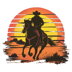 A man riding a horse with a sunset in the background cartoon vector for t-shirt design. Stock illustration. 