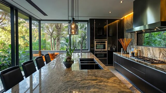 A modern kitchen features a large island with a granite countertop and a double sink, overlooking a lush green garden through expansive windows