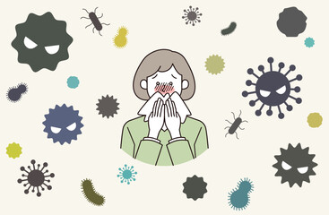 風邪ウイルスに困る女性患者のイラスト
