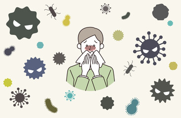 風邪ウイルスに困る男性患者のイラスト