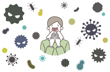 風邪ウイルスに困る男性患者のイラスト（白背景・透過背景）