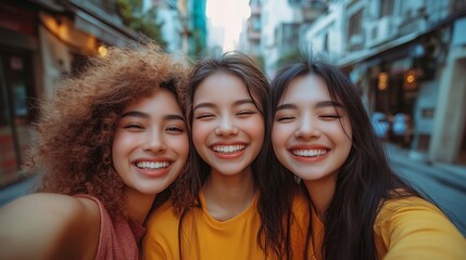 Fototapeta premium Three young Asian women taking a selfie together, happy and laughing with big smiles on a city street