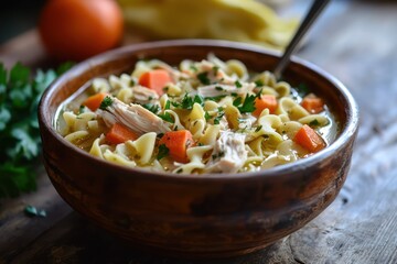 Homemade Chicken Noodle Soup in a Rustic Bowl, Perfect Comfort Food for Cold Days