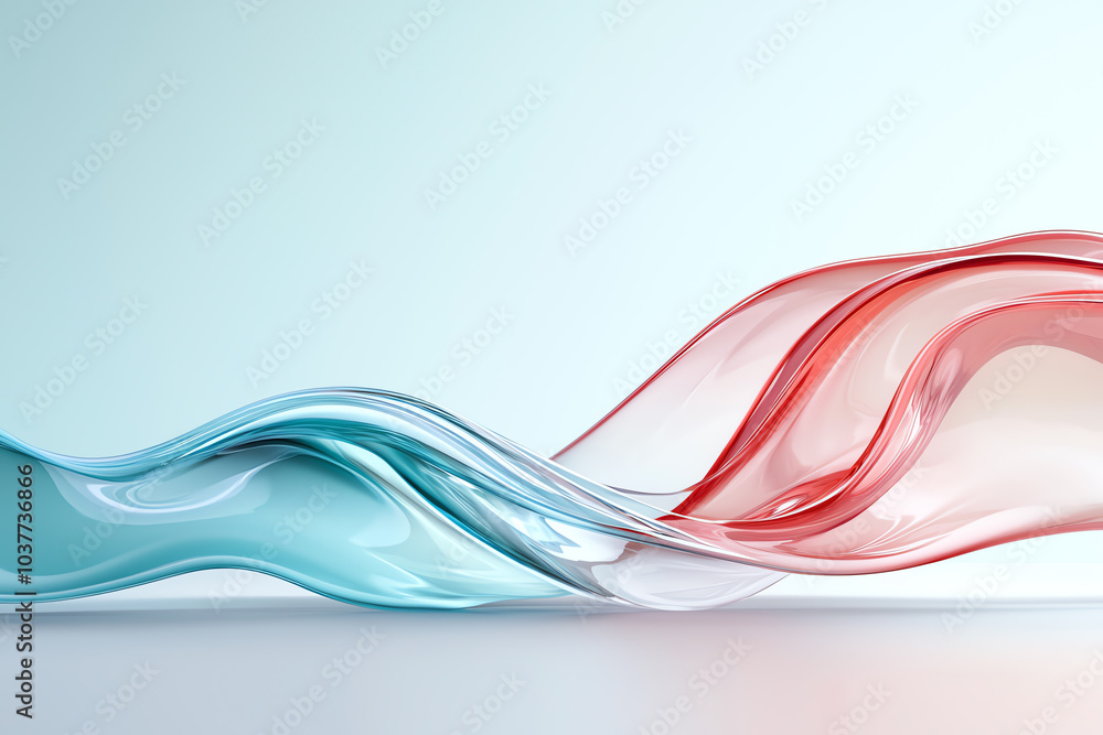 Poster elegant flowing waves in soft blue and red hues creating a modern artistic background