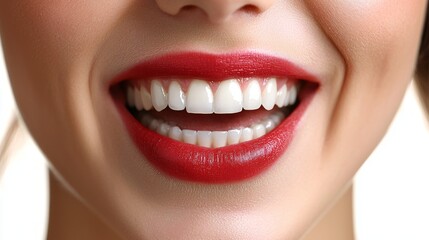 Obraz premium Woman smiling with bright red lipstick showing perfect white teeth