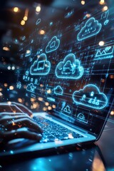 Fototapeta premium Individual Working on a Laptop with Holographic Projections of Cloud Computing Icons