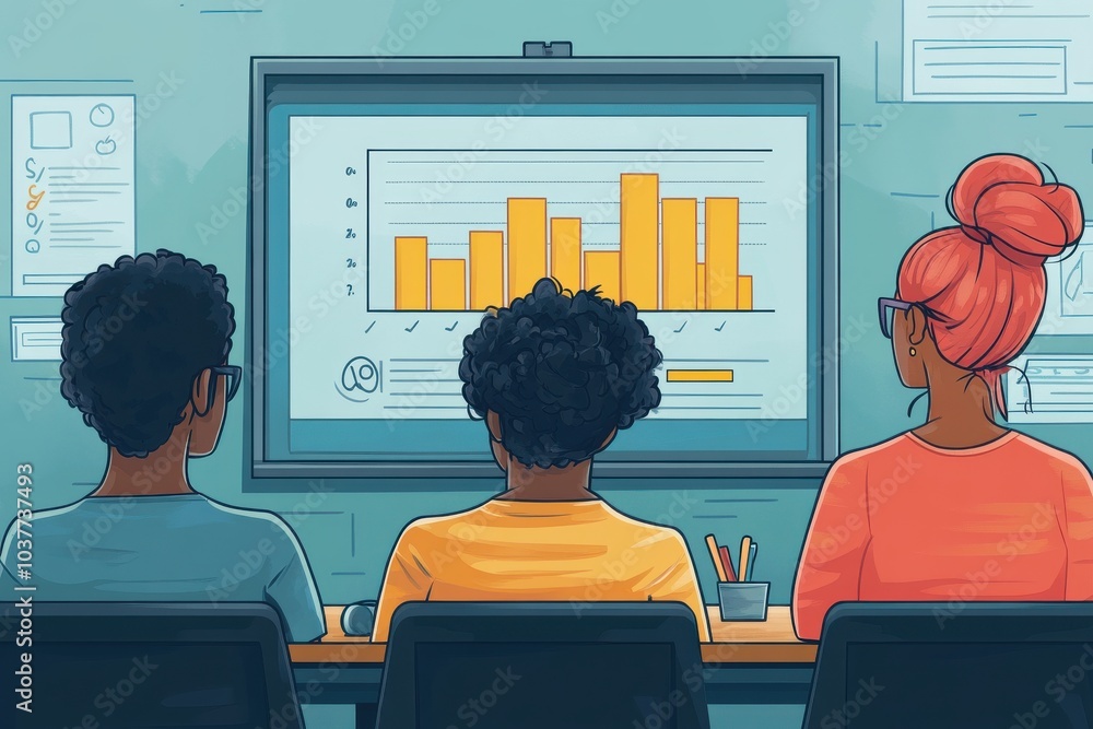 Poster team analyzing data on graph in modern office setting
