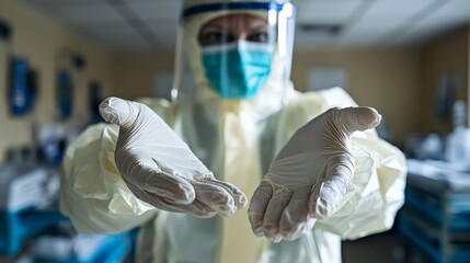 A healthcare worker using protective gloves and masks, demonstrating safety precautions in healthcare environments